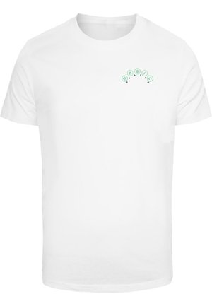 White cotton t-shirt featuring a small green graphic with the text "MAGIC" in a curved design on the upper left chest area.