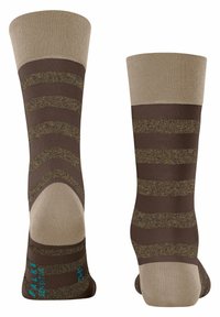 Braun gestreifte Socken mit einem beige gerippten Bündchen, die überstrukturierte Akzente und eine verstärkte Zehenpartie aufweisen. Von beiden Seiten angezeigt.