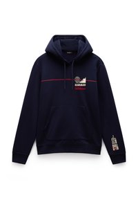 Sudadera con capucha de algodón azul marino con bolsillo frontal tipo canguro, capucha ajustable con cordón, logo en el pecho y texto impreso en la manga derecha.