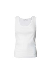 Top bianco a righe con scollo a barchetta e spalline larghe. Presenta un logo discreto vicino all'orlo. Realizzato in tessuto morbido ed elasticizzato.