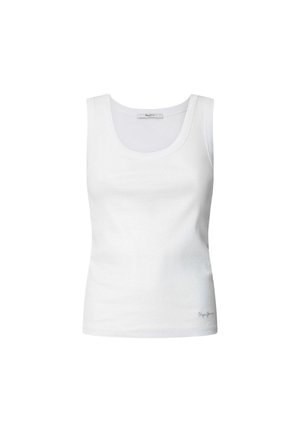 Biała, prążkowana koszulka bez rękawów z okrągłym dekoltem i szerokimi ramiączkami. Posiada subtelne logo blisko dołu. Wykonana z miękkiego, elastycznego materiału.