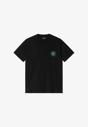 Black cotton T-shirt with short sleeves and a crew neck. Features a teal graphic logo on the left chest area. Classic fit.