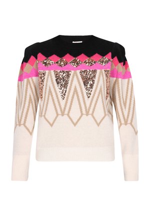 Gebreide trui met een ronde hals, met een geometrisch patroon in roze, zwart en beige, versierd met pailletten op de borst.