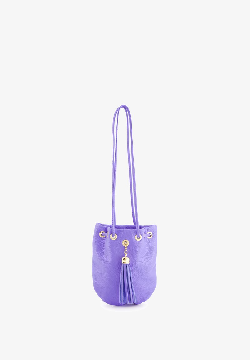 Purple leather bucket bag with a textured finish, gold hardware, drawstring closure, and a decorative tassel accent.