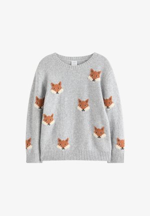 Sivi pulover s pletenimi lisicami v oranžni in beli barvi, z okroglim izrezom ter rebrastimi manšeti in spodnjim robom. Mehka tekstura.
