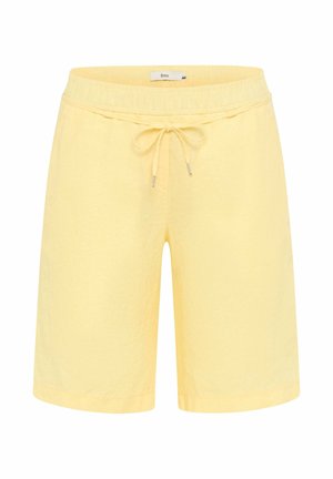 Gelbe Freizeithose mit elastischem Bund und Kordelzug, knielang, aus leichtem Stoff für angenehmen Tragekomfort.