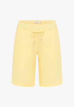 Shorts décontractés jaunes avec taille élastique et cordon de serrage, longueur genou, fabriqués en tissu léger pour un port confortable.