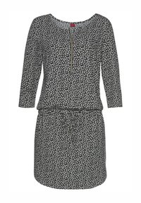 Schwarzes Kleid mit einem weißen geometrischen Muster, lange Ärmel, runder Ausschnitt, ein Reißverschluss vorne und eine Kordelzugtaille.