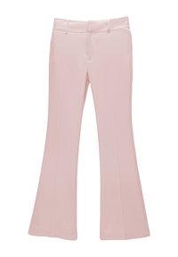 Pantalon évasé rose en tissu lisse avec une coupe ajustée, doté de poches avant et d'une ceinture pour un look soigné.