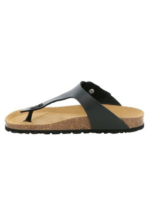 Sandalo in pelle nera con design a fascetta tra le dita, soletta in sughero marrone, suola in gomma nera testurizzata e un cinturino curvo con un dettaglio decorativo.