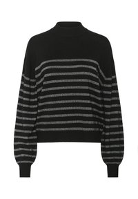 Black knit sweater with silver horizontal stripes, long puffed sleeves, and a high rounded neckline.