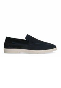 Navy suede slip-on shoes with a rounded toe, minimalist design, and beige rubber sole. Features minimal stitching and subtle branding.