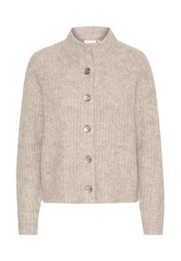 Beige gebreide cardigan met een hoge kraag, voorzien van vijf zilveren knopen aan de voorkant en een zachte, gestructureerde stof. Verkorte lengte, lange mouwen.