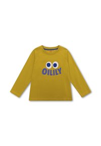 Geel shirt met lange mouwen, voorzien van een ronde hals en een ontwerp met blauwe ogen, met de tekst "OILILY" in vetgedrukt. Gemaakt van zacht katoen, casual pasvorm.