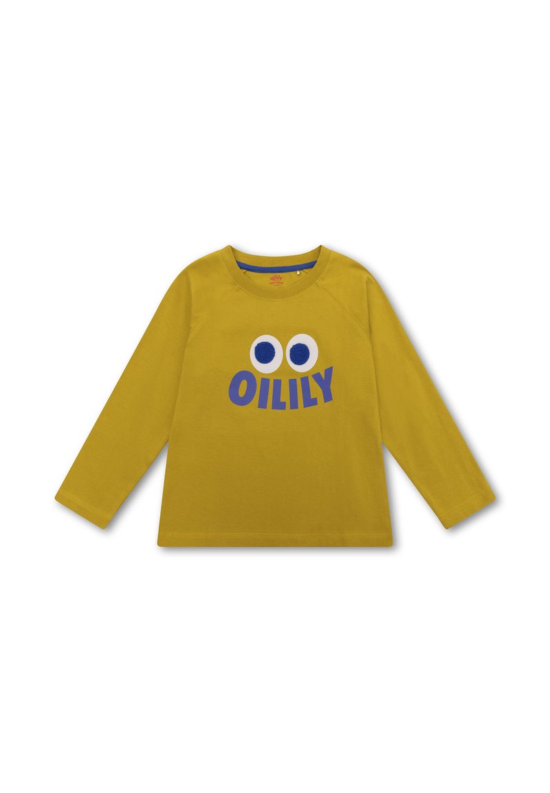 Geel shirt met lange mouwen, voorzien van een ronde hals en een ontwerp met blauwe ogen, met de tekst "OILILY" in vetgedrukt. Gemaakt van zacht katoen, casual pasvorm.