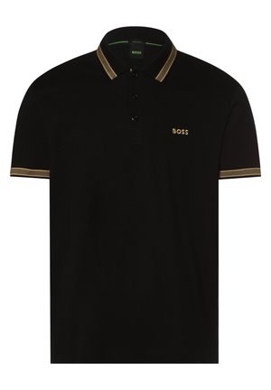 Czarna koszulka polo z krótkim rękawem, złotym obszyciem na kołnierzyku i rękawach, trzema guzikami oraz złotym logo "BOSS" na lewej piersi.