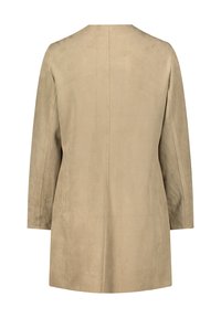 Tan suede coat with a straight design, long sleeves, and a minimalist back. Smooth texture with clean seams, no visible fasteners or accents.