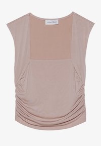 Beige kortärmad topp med draperad kropp, som har en fyrkantig bakpanel och rynkade sidor, tillverkad av ett mjukt, lätt material.