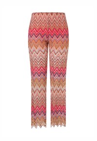 Multicolore gebreide broek met een zigzagpatroon in tinten van rood, roze, paars en oranje, met een aansluitend ontwerp en een uitlopende zoom.