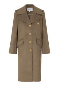 Manteau en laine marron avec un col cranté, des manches longues, six grands boutons dorés, deux poches avant et une poche poitrine.