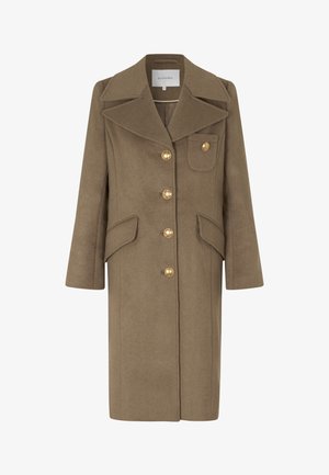 Brauner Wollmantel mit einem Reverskragen, langen Ärmeln, sechs großen goldenen Knöpfen, zwei Vordertaschen und einer einzelnen Brusttasche.