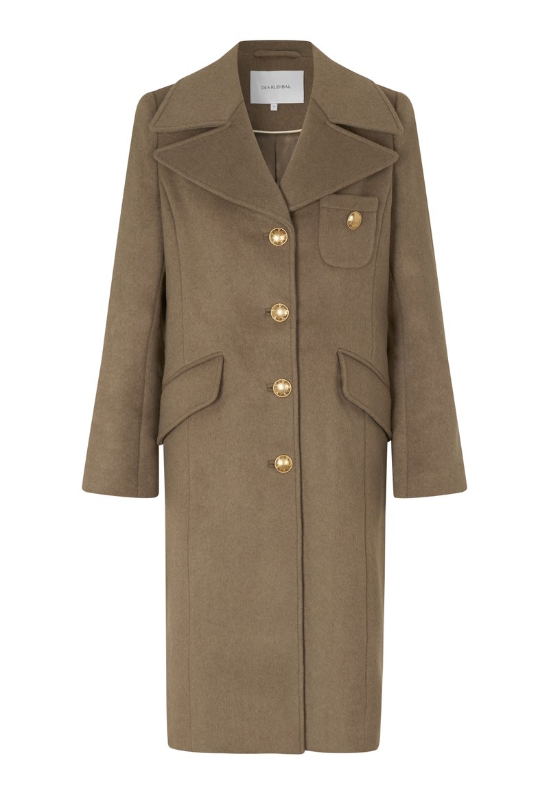 Brązowy wełniany płaszcz z wyciętym kołnierzem, długimi rękawami, sześcioma dużymi złotymi guzikami, dwiema przednimi kieszeniami oraz jedną kieszenią na piersi.