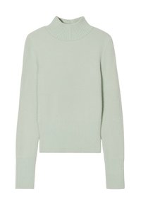 Minzgrüner, weicher Strickpullover mit hoch geschlossenem Rippkragen und Rippbündchen. Kürzeres Design mit langen Ärmeln und glatter Textur.