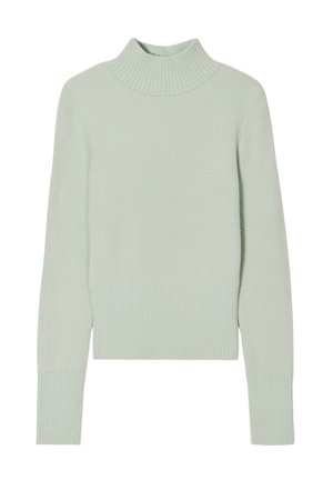 Miętowozielony, miękki sweter dzianinowy z wysokim ribbowanym kołnierzem i ribbowanymi mankietami. Skrócony krój z długimi rękawami i gładką fakturą.