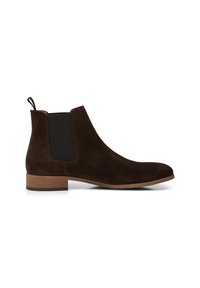 Bottines Chelsea en daim marron avec des panneaux latéraux élastiques, une languette et un talon en bois. Texture lisse avec un design à bout rond.