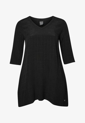 Fekete tunika felső V-nyakkal, háromnegyedes ujjakkal, textúrált anyagból, laza szabással és oldalsó logó részlettel.