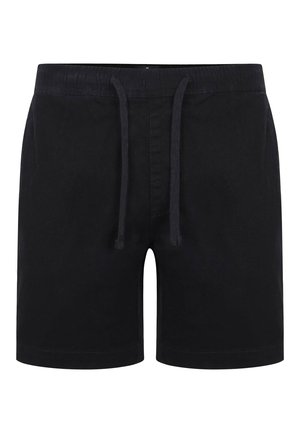 Pantalones cortos de algodón negros con cintura elástica y cordón, que presentan un diseño simple y una textura suave. Sin bolsillos ni patrones visibles.