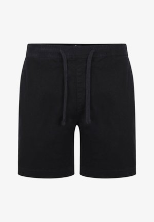 Pantalones cortos de algodón negros con cintura elástica y cordón, que presentan un diseño simple y una textura suave. Sin bolsillos ni patrones visibles.