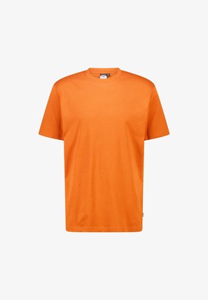 Kurzärmeliges T-Shirt aus leuchtend orangefarbener Baumwolle. Es verfügt über einen Rundhalsausschnitt und eine lockere Passform ohne Muster oder Verzierungen.