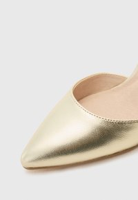 Gouden metallic vlakke schoen met een spitse neus, een gladde textuur en een lage vamp. De binnenzool is lichtbeige van kleur.
