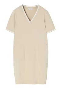 Robe beige à manches courtes avec un col en V, présentant des accents rayés blancs sur les manches et deux poches à l'avant. Texte de tissu lisse.