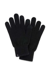 Czarne dzianinowe rękawiczki wykonane z miękkiego materiału z prążkowanym mankietem. Palce mają teksturowany chwyt. Prosty i funkcjonalny design.