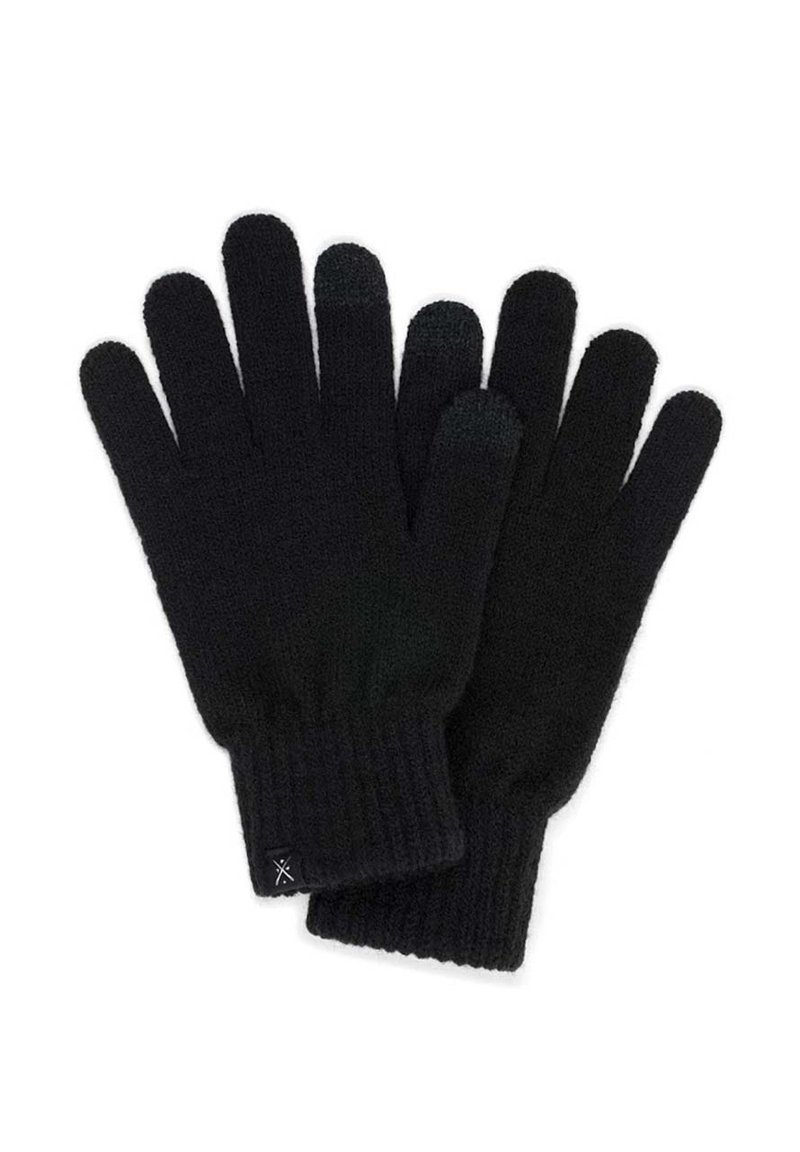 Czarne dzianinowe rękawiczki wykonane z miękkiego materiału z prążkowanym mankietem. Palce mają teksturowany chwyt. Prosty i funkcjonalny design.