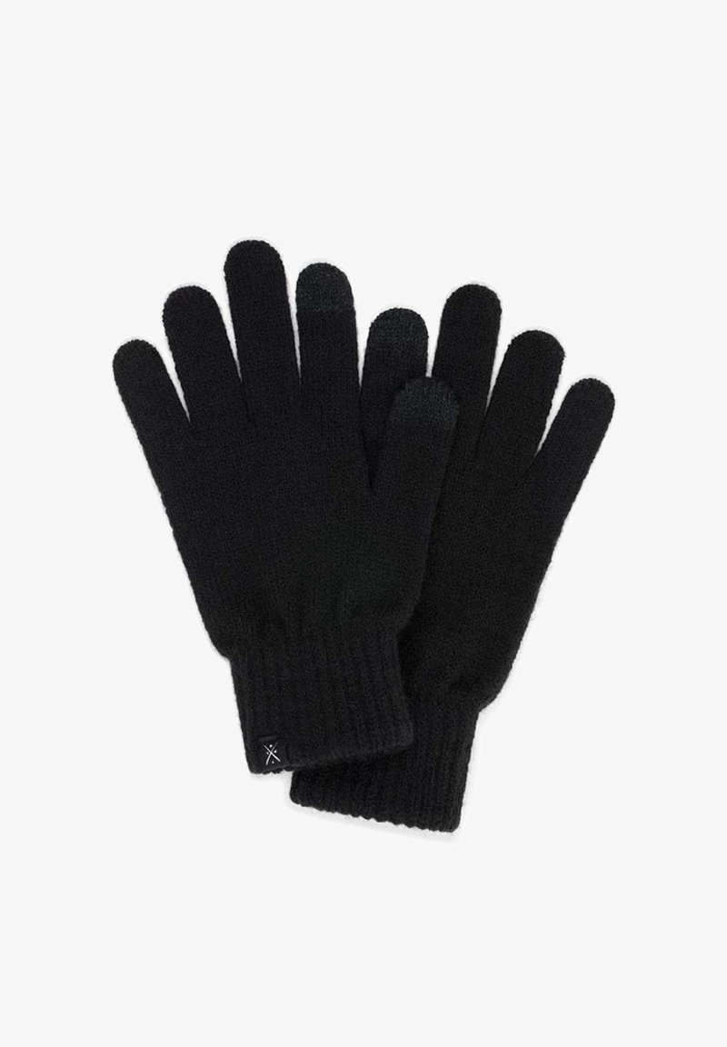 Czarne dzianinowe rękawiczki wykonane z miękkiego materiału z prążkowanym mankietem. Palce mają teksturowany chwyt. Prosty i funkcjonalny design.