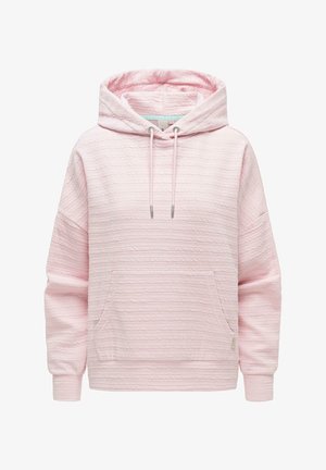 Jasnoróżowa, teksturowana bluza z kapturem typu pulower z przednią kieszenią kangurką i ściągaczem przy kapturze na jednolitym białym tle.