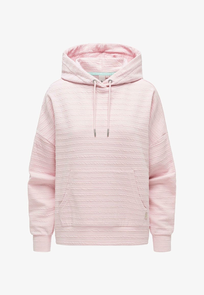 Lichtroze textuurige pullover hoodie met voorzak en capuchon met trekkoord, afgebeeld op een effen witte achtergrond.