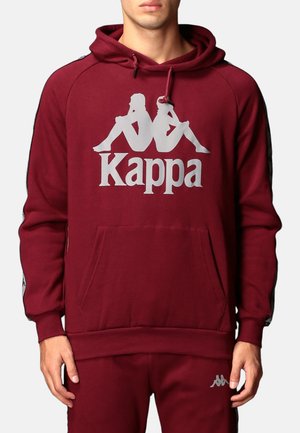 Felpa Kappa bordeaux con tasca frontale, cappuccio regolabile e logo grigio. Presenta dettagli neri sulle maniche con logo.