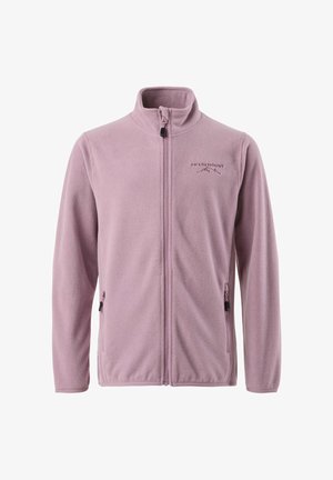 Jasnofioletowa polarowa kurtka na zamek z kołnierzem stójką i dwoma zamykanymi kieszeniami po bokach, z logo "Swedemount" na lewej piersi.