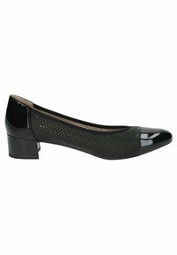 Zapato de tacón en charol negro con una parte superior de tela perforada, punta redonda y tacón bajo tipo bloque, que presenta un detalle de punta brillante.