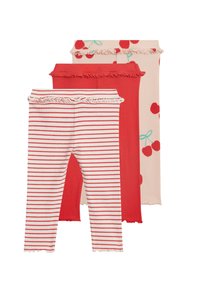 Tre par leggings: et rødt med flæser, et stribet rødt og hvidt, et lyserødt med kirsebærmønster. Blød ribbet tekstur hele vejen igennem.