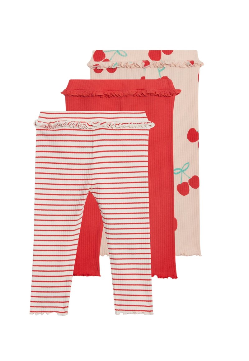 Tre par leggings: et rødt med flæser, et stribet rødt og hvidt, et lyserødt med kirsebærmønster. Blød ribbet tekstur hele vejen igennem.