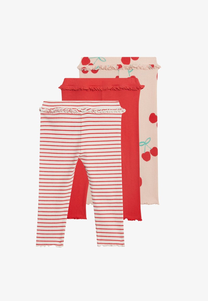 Tre par leggings: et rødt med flæser, et stribet rødt og hvidt, et lyserødt med kirsebærmønster. Blød ribbet tekstur hele vejen igennem.