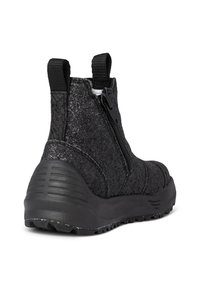 Black ankle boot with a glossy, textured surface; features a zip closure, pull tabs, and a robust rubber sole with grip patterns.