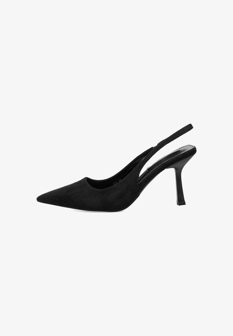 Zapato de salón slingback de ante negro con punta afilada y un tacón elegante de 3 pulgadas. El diseño incluye un corte y una correa trasera delgada.