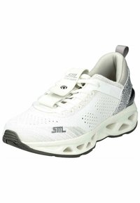 Scarpa da ginnastica bianca con tomaia in rete traspirante, chiusura con lacci, collare imbottito e suola testurizzata con motivi intagliati per una maggiore flessibilità.