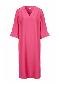 Rosa, knielanges Kleid mit V-Ausschnitt, dreiviertelärmeln und Seitenschlitzen. Aus glattem Stoff mit lockerer Passform gefertigt.